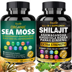 Bualle Sea Moss and Shilajit Bundle bottle front for daily vitality on the go.