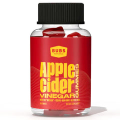 BUBS Naturals ACV Gummies bottle highlights vegan, non-GMO formula for daily wellness.