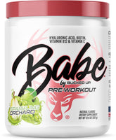 Bucked Up Babe Pre-Workout Sparkling Orchard label highlighting premium ingredients for a refreshing session