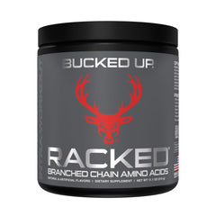 Bucked Up BCAA RACKED Blood Raz tub highlights post-workout recovery and lean muscle support.