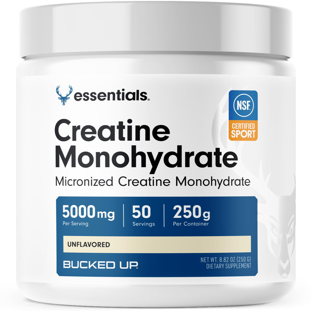 Bucked Up creatine micronized powder bottle for workouts, illustrating premium, easily absorbed support.
