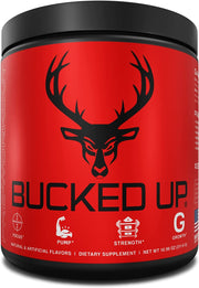 Bucked Up Pre Workout Watermelon bottle showing the performance blend for energy and focus.