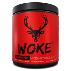 Bucked Up WOKE bottle pour highlights high-stim energy for workouts.