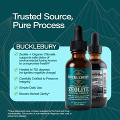 BUCKLEBURY Zeolite in water shown for detox-friendly mixing.