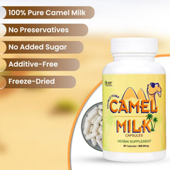 BUiE Camel Milk Capsules bottle-front promotes easy, on-the-go daily wellness.