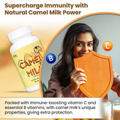 BUiE Camel Milk Capsules bottle-nutrition emphasizes calcium and vitamins for bone-friendly routines.