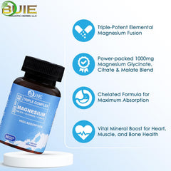 Label panel on Buie Triple Magnesium highlighting chelated glycinate, citrate, and malate for high absorption.