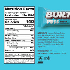Built Bar Puff Coconut packaging, gluten-free protein bar for busy days