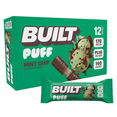 Built Bar Puff Mint Chip packaging shows an on-the-go protein boost.