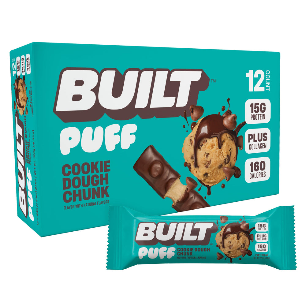 Built Bar Puffs cookie dough chunk pack shows convenient on-the-go protein snack.