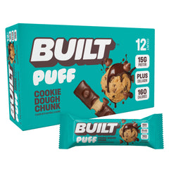Built Bar Puffs cookie dough chunk pack shows convenient on-the-go protein snack.