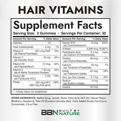Built by Nature Hair Vitamins gummies close-up; tasty, sugar-free support for everyday hair care.