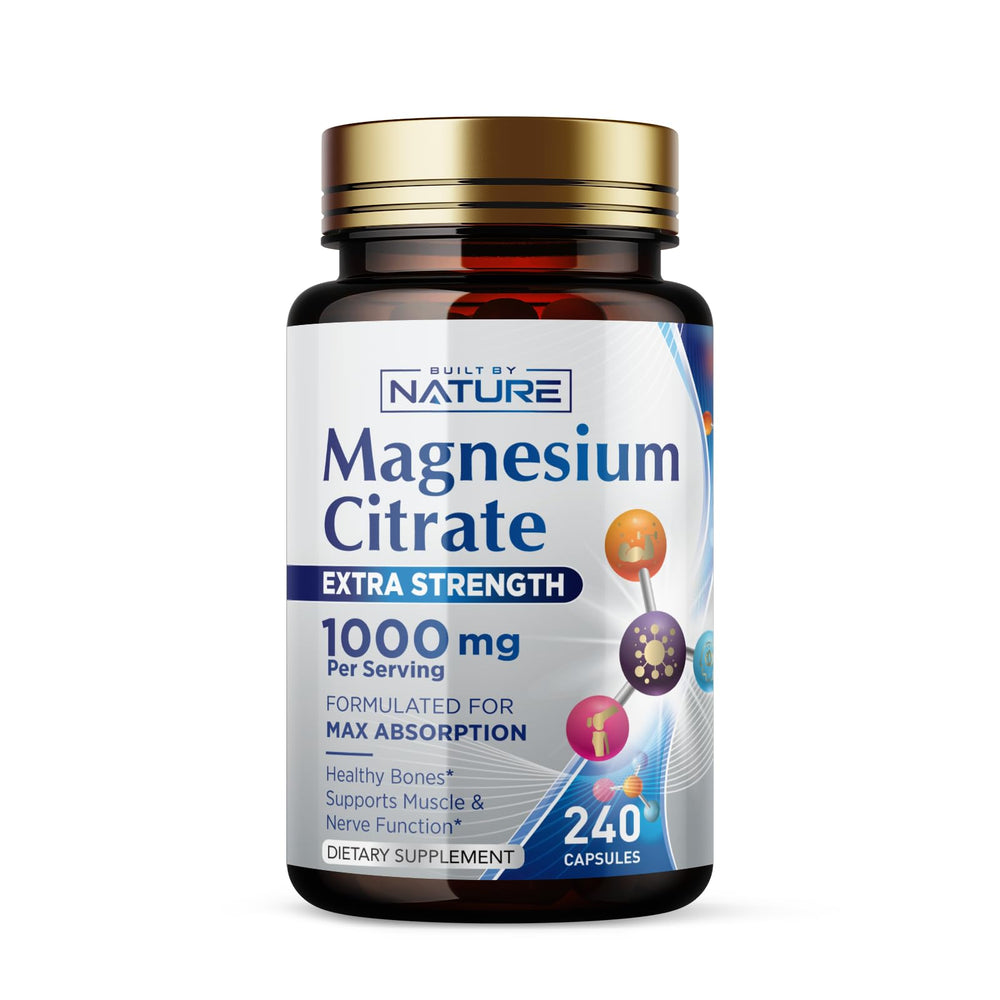 Built by Nature Magnesio Citrato 1000mg en botella, toma fácil para la rutina diaria.