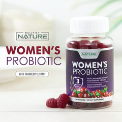 Built by Nature Probiotics for Women gummies close-up showcasing berry flavor for daily wellness.