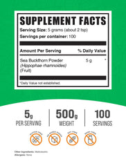 BulkSupplements Sea Buckthorn Powder jar closeup, rich in nutrients for smoothies and juices.