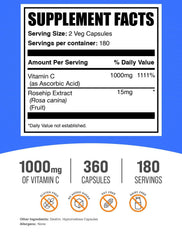 BulkSupplements Vitamin C with Rose Hips capsules prepared for two-capsule daily intake.