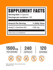 Close-up of BulkSupplements ALCAR capsules, 750 mg each.