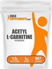 BulkSupplements Acetyl L-Carnitine powder bottle highlighting gluten-free formulation for daily wellness.
