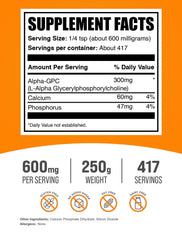 BulkSupplements Alpha GPC powder jar close-up showing smooth texture ideal for shakes.