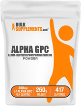 BulkSupplements Alpha GPC powder packaging close-up, gluten-free formula for easy mixing.