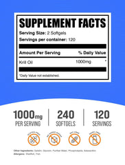 BulkSupplements Antarctic Krill Oil softgels highlighting gluten-free, DHA support.