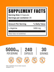 BulkSupplements L-Arginine 5000mg capsules serving highlights high-dose option for workouts