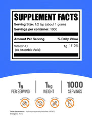 BulkSupplements Ascorbic Acid powder scoop ready for smoothie and beverage mix.
