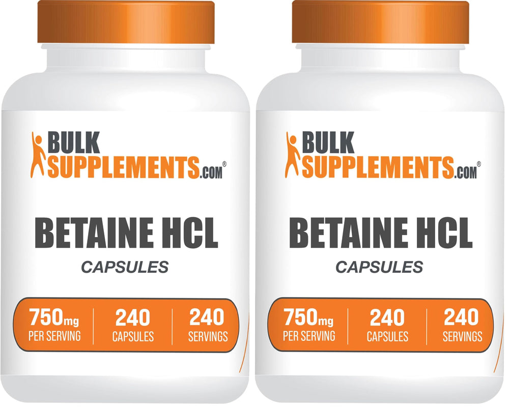 Bulksupplements Betaine HCl capsules bottle for convenient daily digestive support.