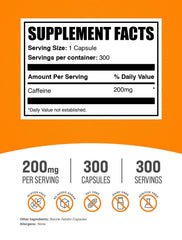 BulkSupplements caffeine capsules 200mg on table for easy on-the-go wakefulness.