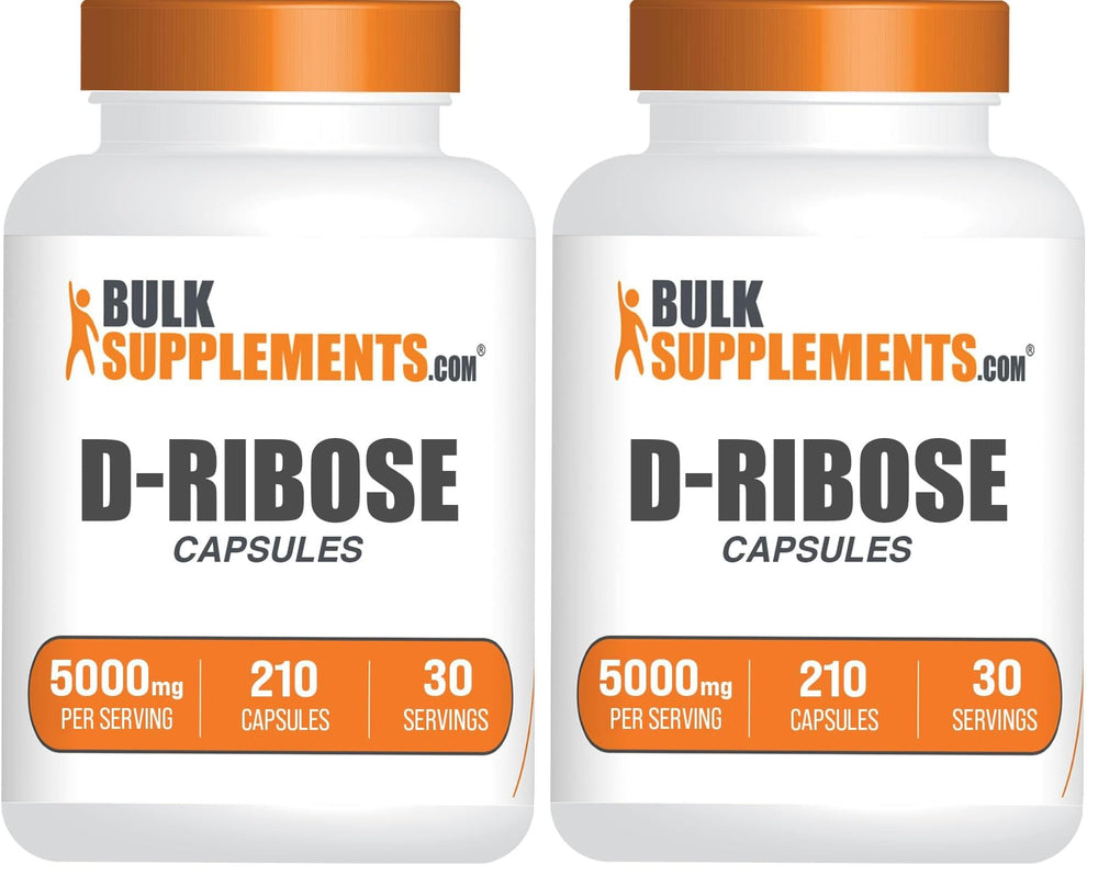 BulkSupplements D-Ribose capsules pack shot showing gluten-free energy support in a 210-count bottle.