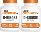 BulkSupplements D-Ribose capsules pack shot showing gluten-free energy support in a 210-count bottle.