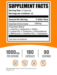 BulkSupplements EAA Capsules bottle close-up highlights 1000 mg servings for daily intake