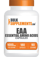 BulkSupplements EAA Capsules bottle label shows complete amino acid profile for workouts