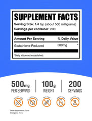 BulkSupplements Glutathione Reduced Powder closeup showing fine powder texture for quick mixing.