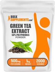 BulkSupplements green tea extract powder bottle shows 50% polyphenols for antioxidant support