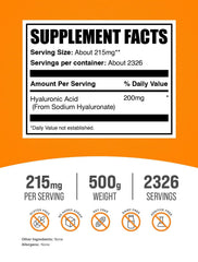 BulkSupplements Hyaluronic Acid powder texture closeup shows fine dissolvable particles for mixing.