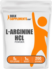 BulkSupplements L-Arginine HCl powder 1kg container, pure formula for daily use.
