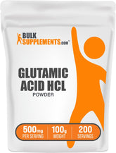 BulkSupplements L-Glutamic Acid HCl powder bottle supports daily wellness and gut comfort.