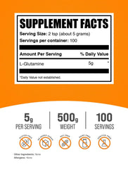 BulkSupplements L-Glutamine powder jar, convenient 500 g container for workouts.