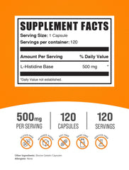 L-Histidine capsules label highlights gluten-free formula for easy daily use.