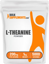 BulkSupplements L-Theanine powder bottle on white background, supports calm focus.