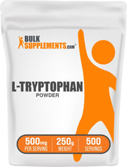 BulkSupplements L-Tryptophan powder bottle showing gluten-free 500 mg serving for daily wellness.