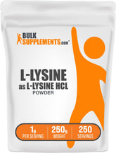 BulkSupplements L-Lysine powder bottle on counter supports daily wellness