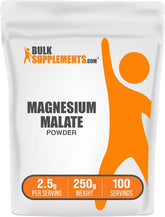 Bulksupplements Magnesium Malate powder bottle with scoop for easy daily mixing.