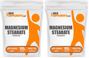 BulkSupplements Magnesium Stearate powder bottle pour showcases a reliable anti-caking aid for smooth tablet production.