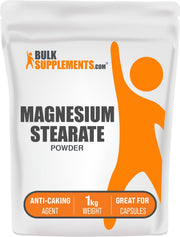 BulkSupplements Magnesium Stearate powder bottle for anti-caking in supplements.