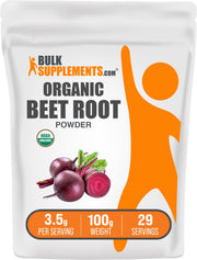 BulkSupplements Organic Beet Root Powder tub for daily energy support.