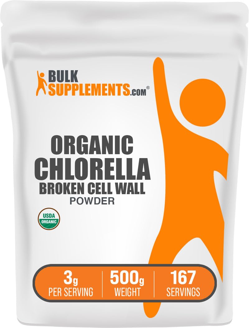 BulkSupplements Organic Chlorella Powder bottle with broken cell wall for daily greens.