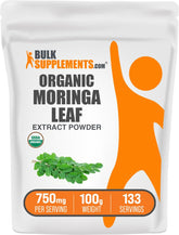 BulkSupplements Organic Moringa Extract Powder bottle labeled for easy daily nutrition support.