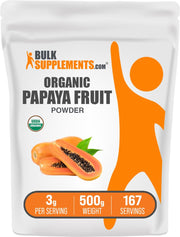 BulkSupplements Organic Papaya Powder packaging, gluten-free flavor enhancer for smoothies.